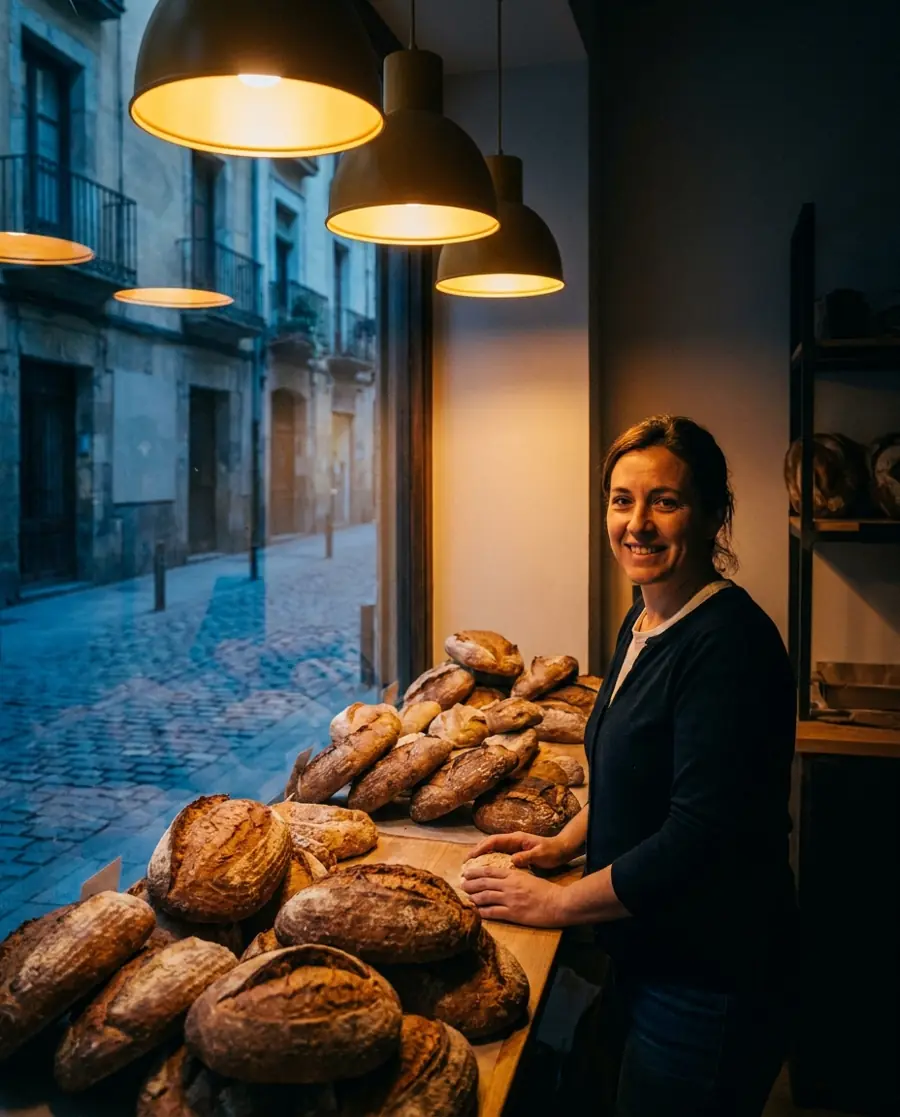 Dueña de una panadería de barrio sonriendo tras el mostrador al amanecer